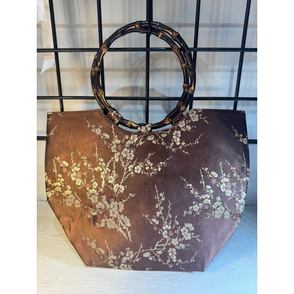 Vintage Style Brown Floral Brocade Satin Tote Bag with Bamboo Circle Handles
